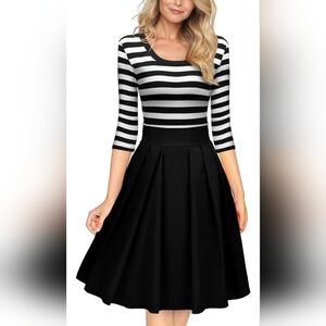 [MIUSOL] Black & White Stripes 《XL》1950s Style Swing Dress ☆ Pleated Skirt ☆